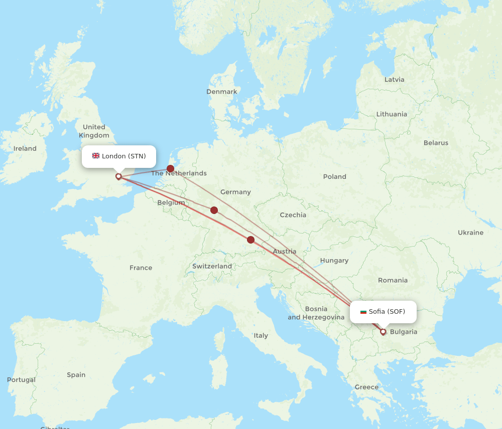 SOF to STN flights and routes map