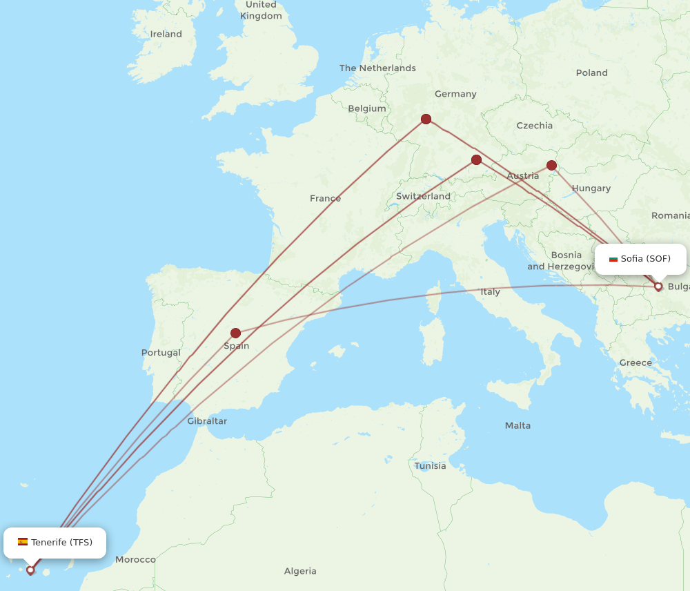 SOF to TFS flights and routes map