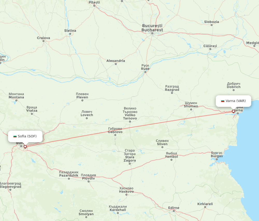 Sofia - Varna route map and flight paths