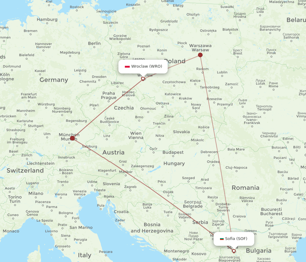 SOF to WRO flights and routes map