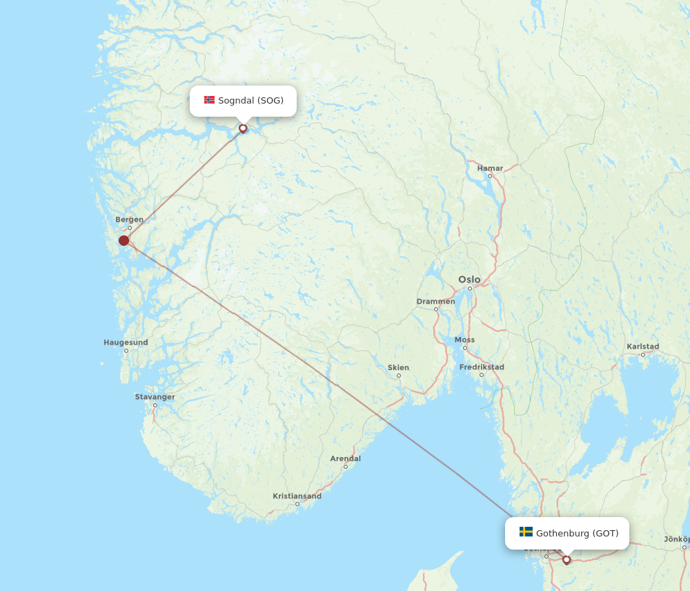 Gothenburg - Sogndal route map and flight paths