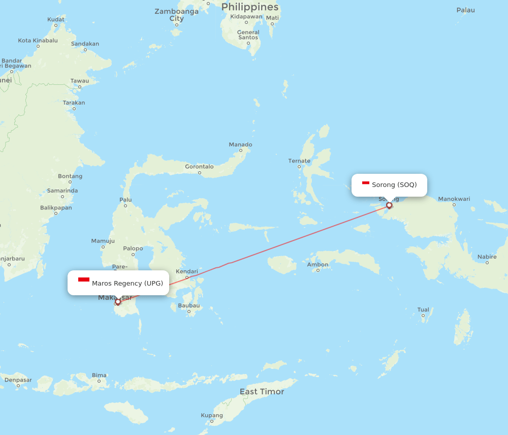 Ujung Pandang - Sorong route map and flight paths