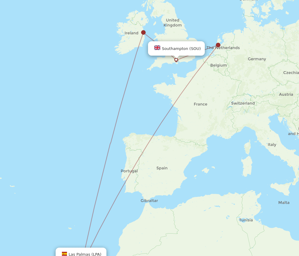 Las Palmas - Southampton route map and flight paths