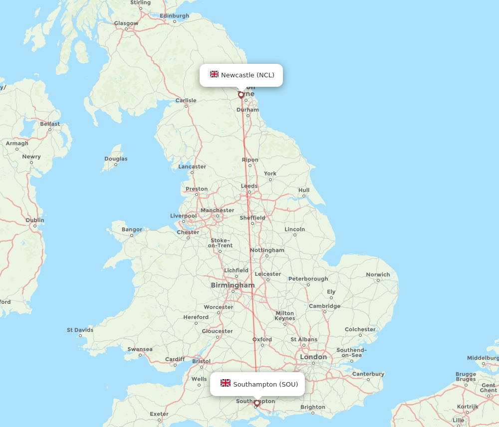 SOU to NCL flights and routes map