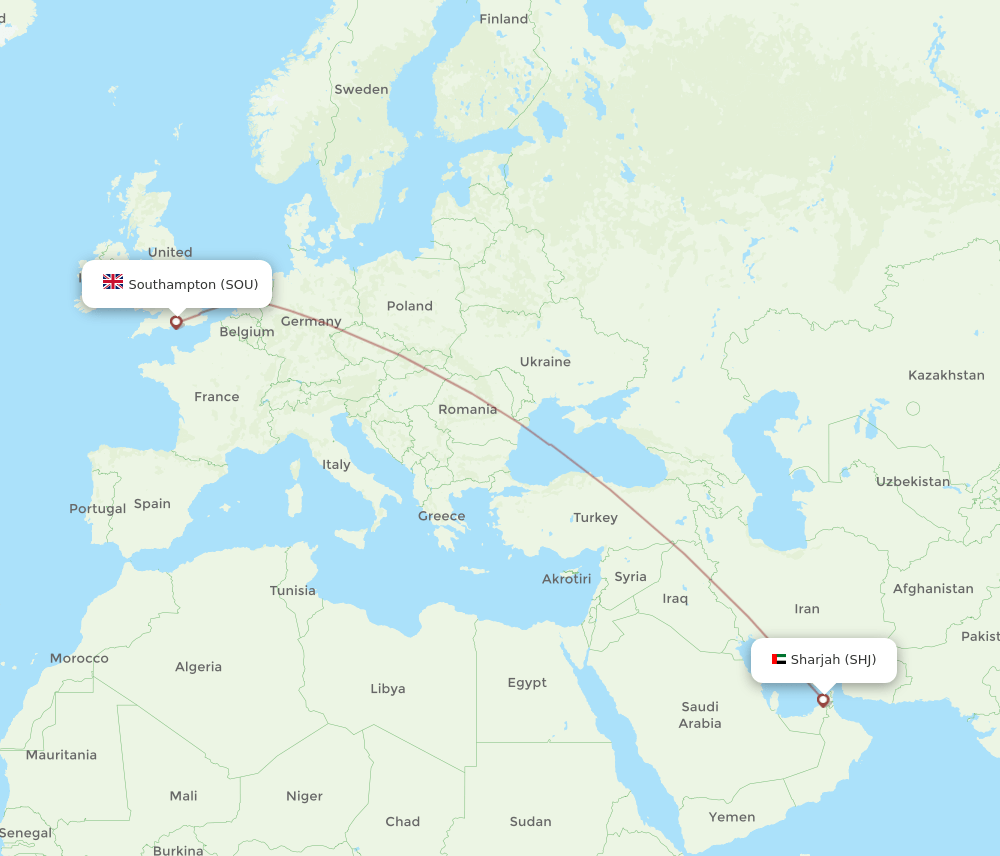 Southampton - Sharjah route map and flight paths