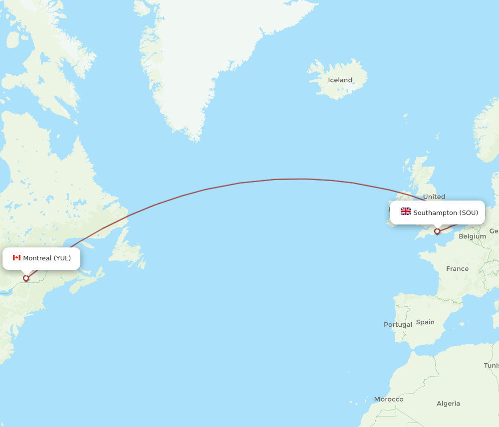 Montreal - Southampton route map and flight paths