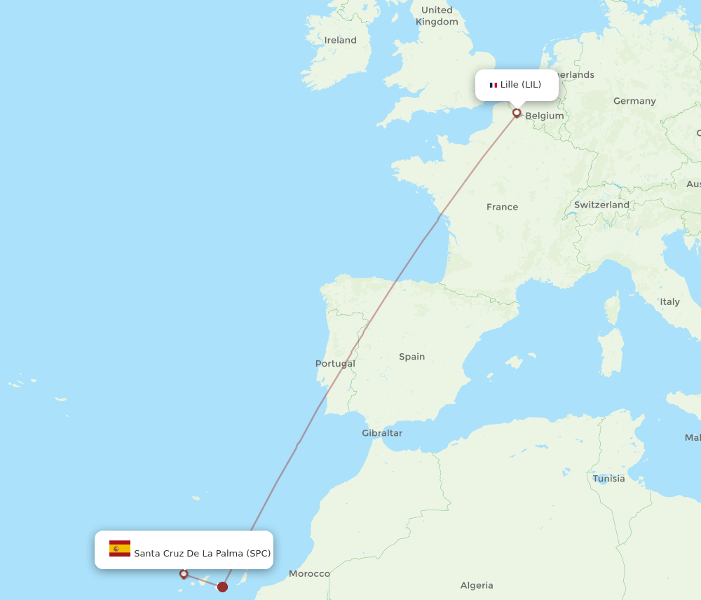 Lille - Santa Cruz De La Palma route map and flight paths