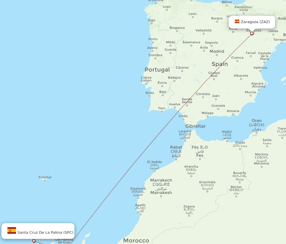Zaragoza - Santa Cruz De La Palma route map and flight paths
