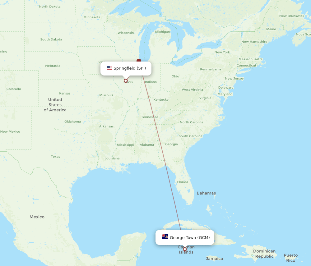 Grand Cayman Island - Springfield route map and flight paths
