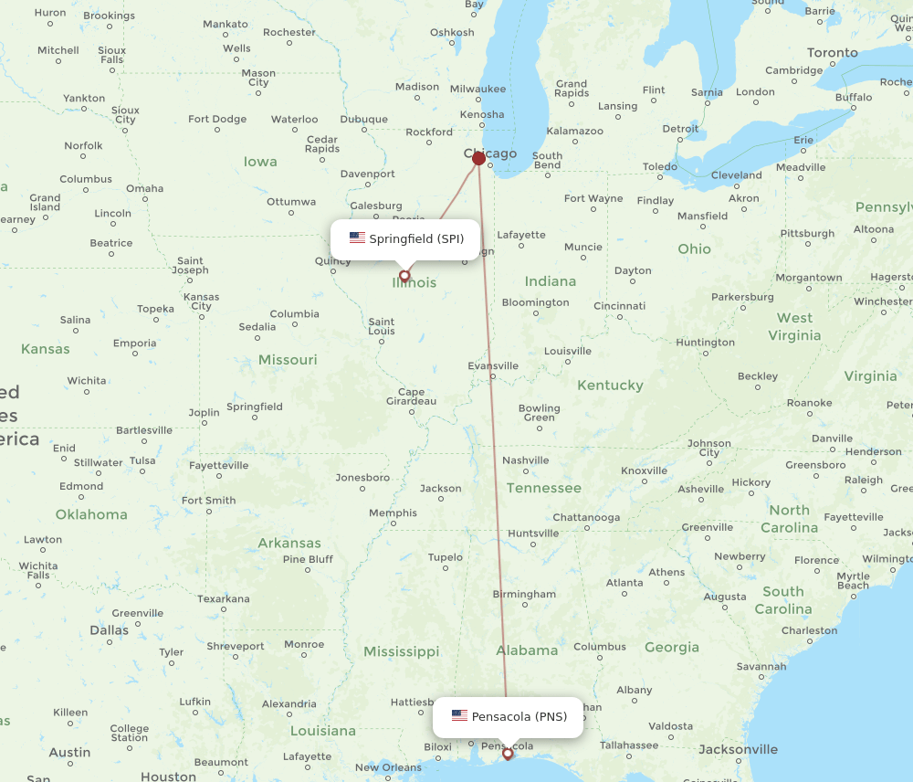 Springfield - Pensacola route map and flight paths