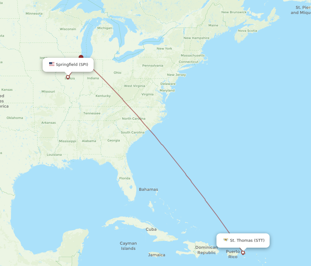 Springfield - Saint Thomas route map and flight paths