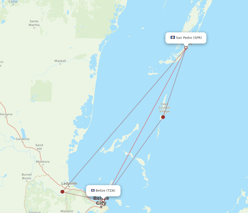 San Pedro - Belize City route map and flight paths