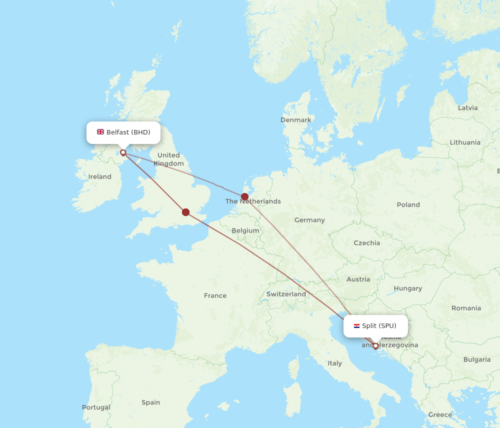 Belfast - Split route map and flight paths