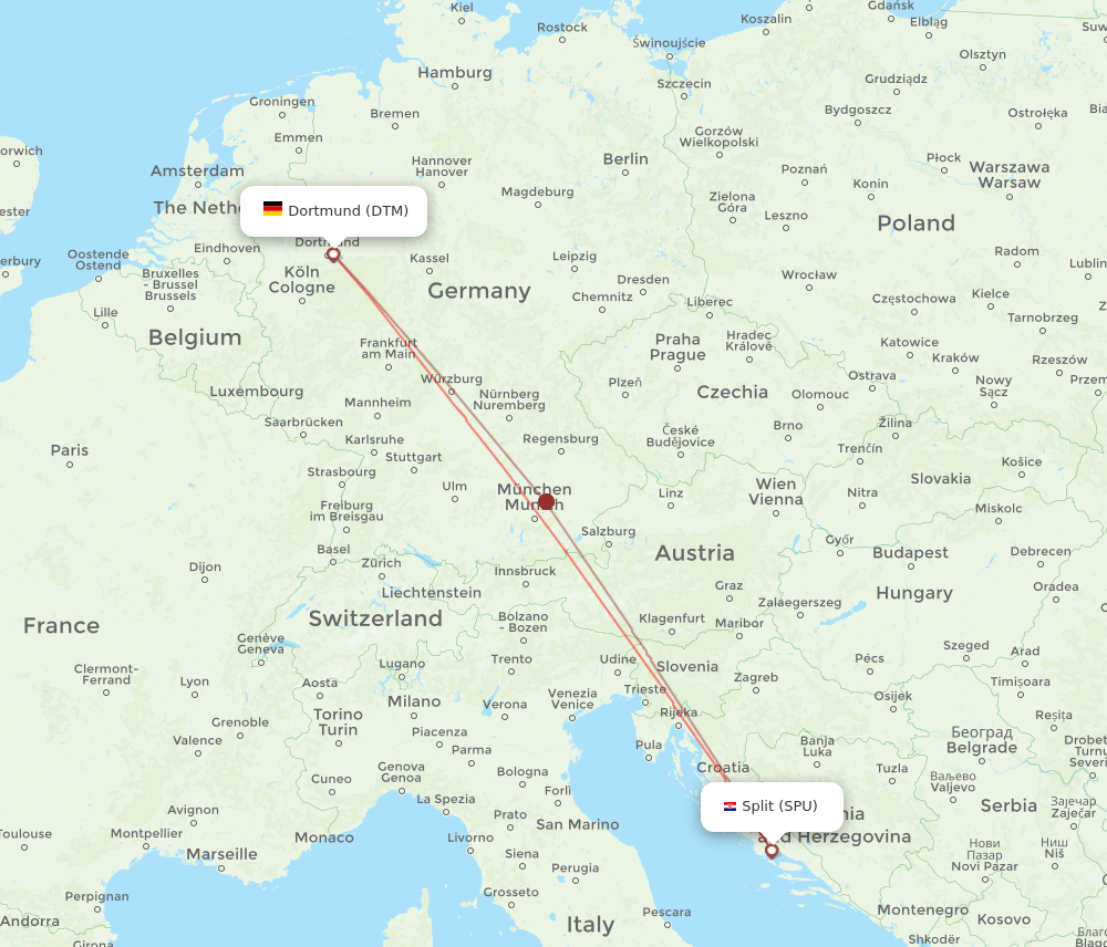 Split - Dortmund route map and flight paths