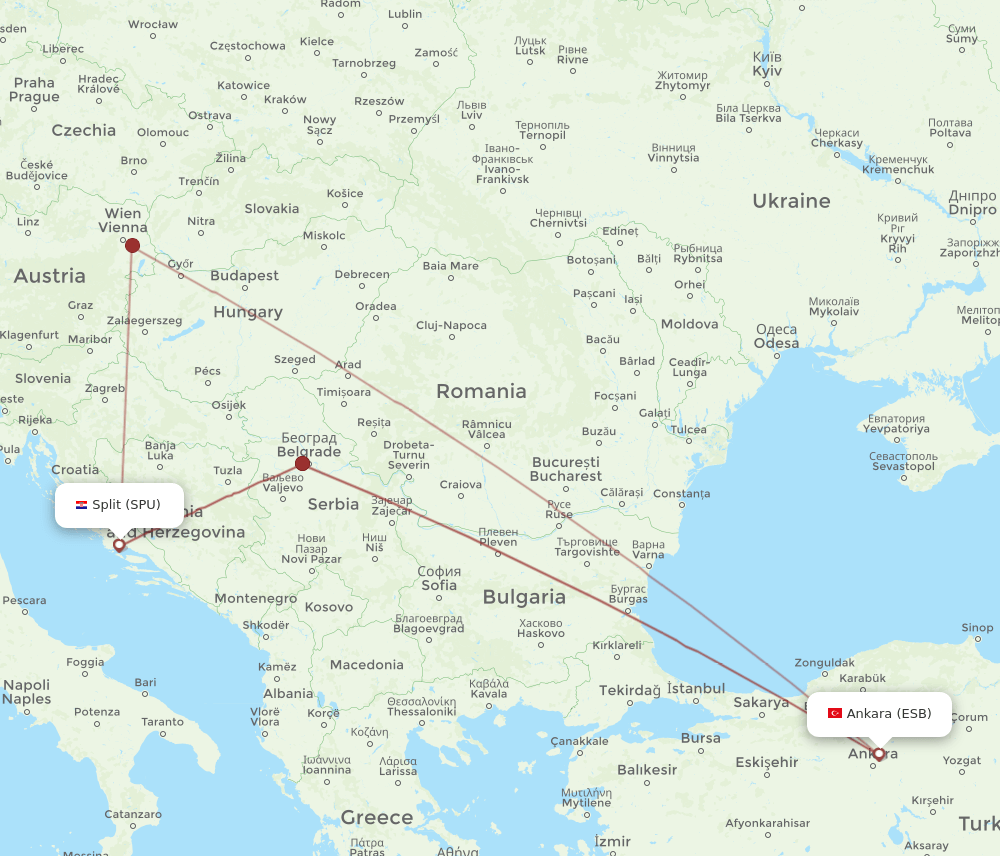 Ankara - Split route map and flight paths