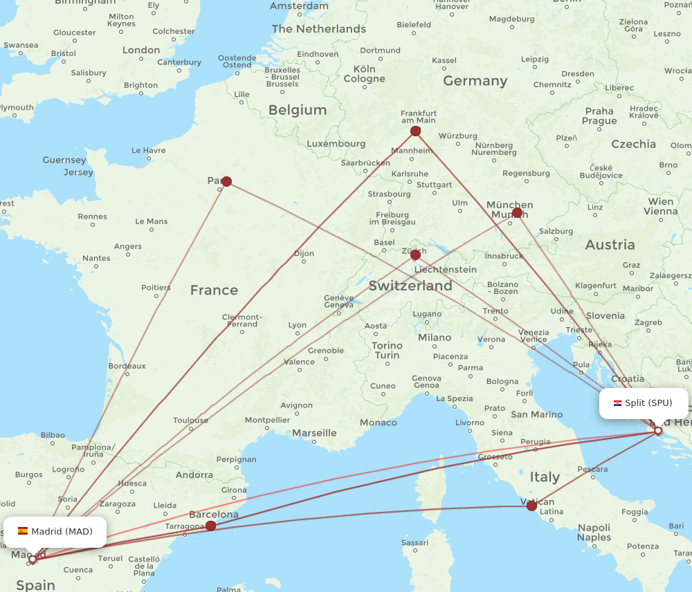SPU to MAD flights and routes map