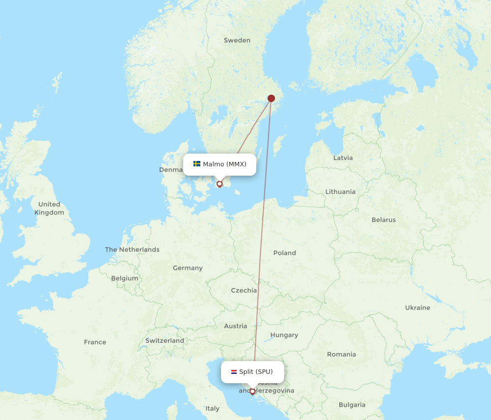 Malmo - Split route map and flight paths