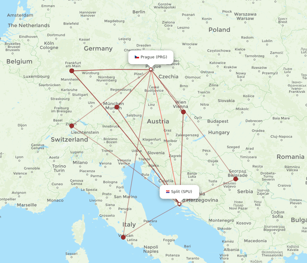 SPU to PRG flights and routes map