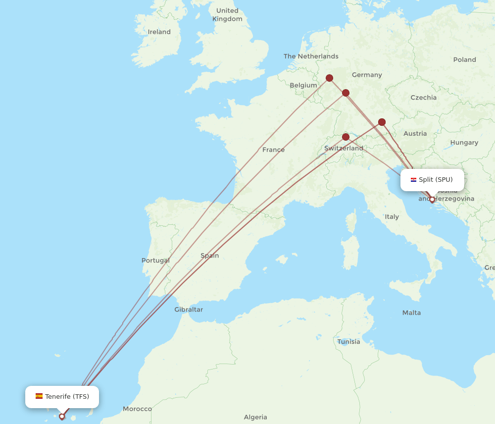 SPU to TFS flights and routes map