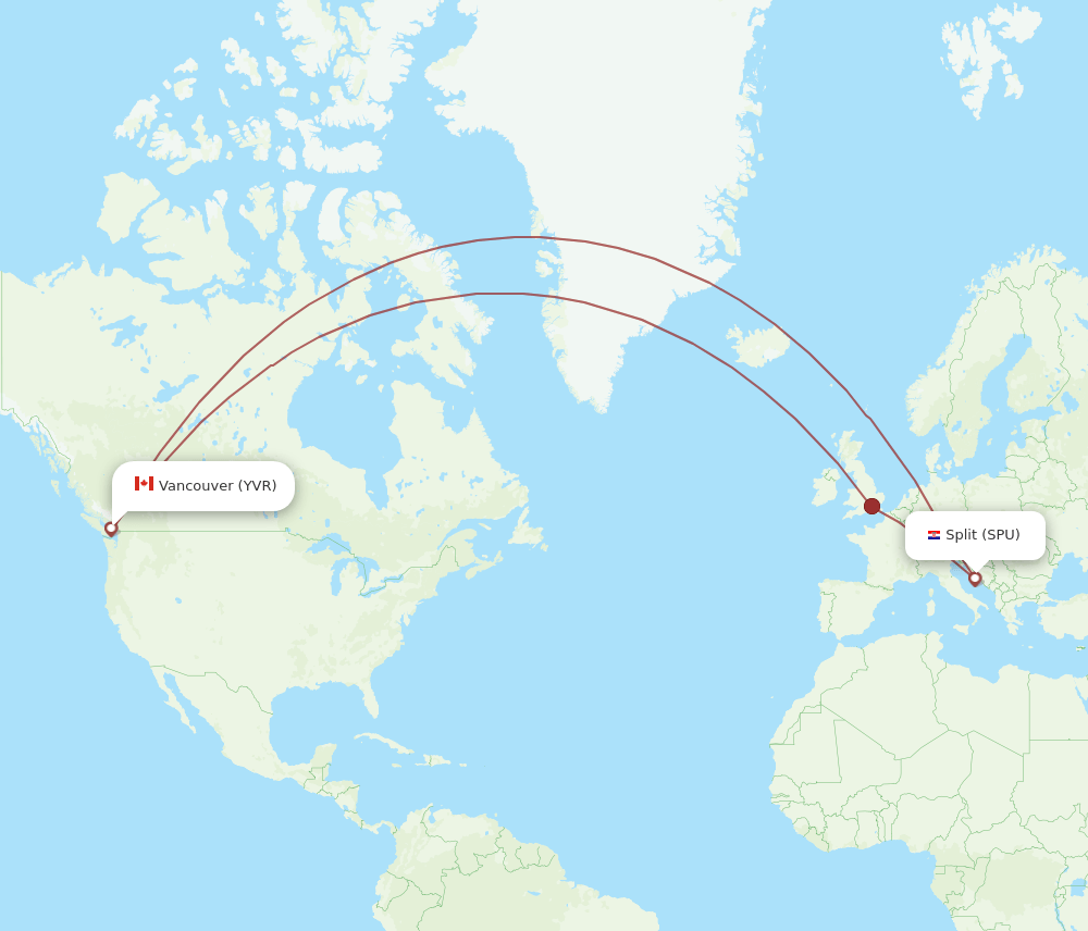 Vancouver - Split route map and flight paths