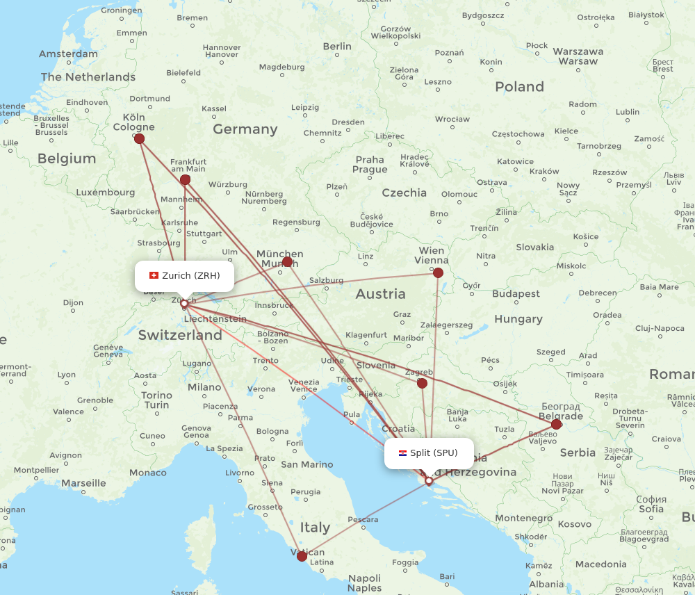 SPU to ZRH flights and routes map