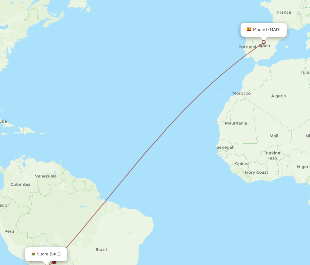 SRE to MAD flights and routes map