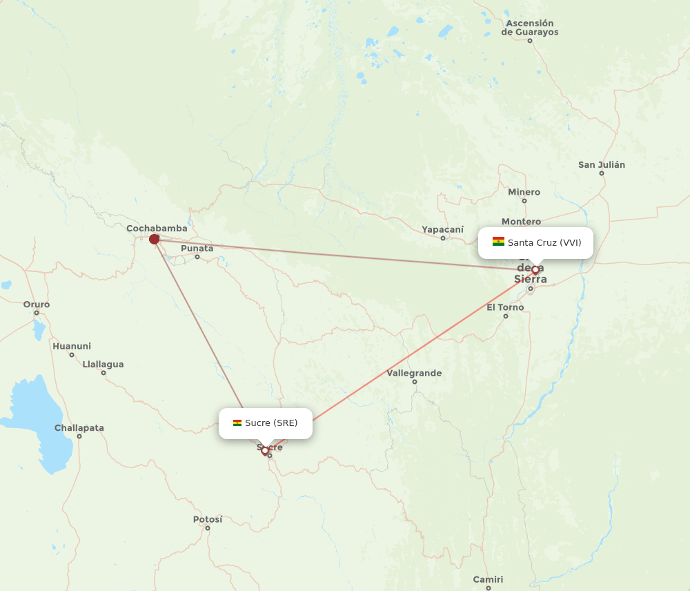 SRE to VVI flights and routes map