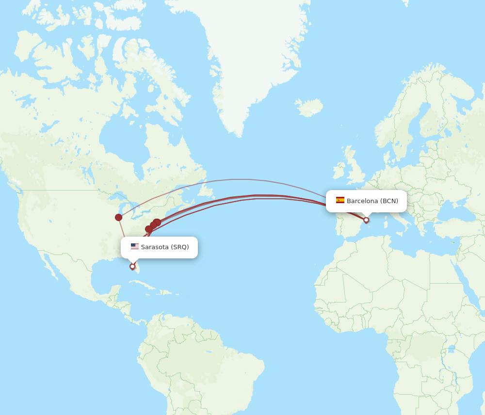 SRQ to BCN flights and routes map