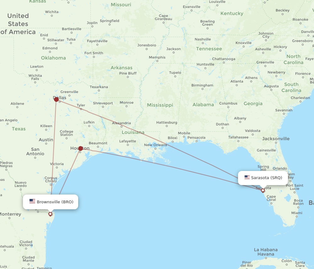 SRQ to BRO flights and routes map