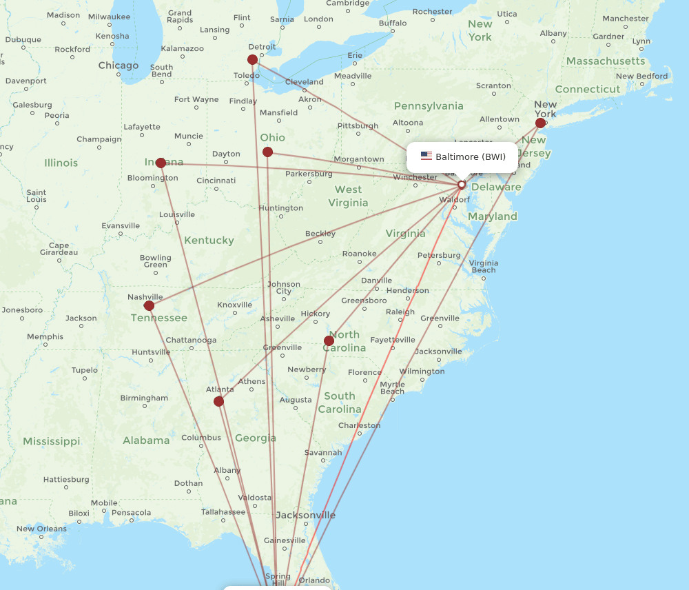 SRQ-BWI flight routes