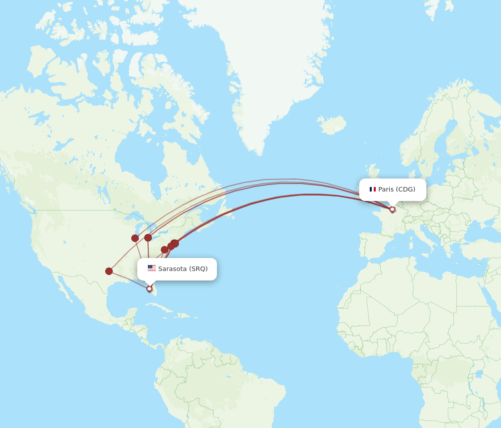 SRQ to CDG flights and routes map