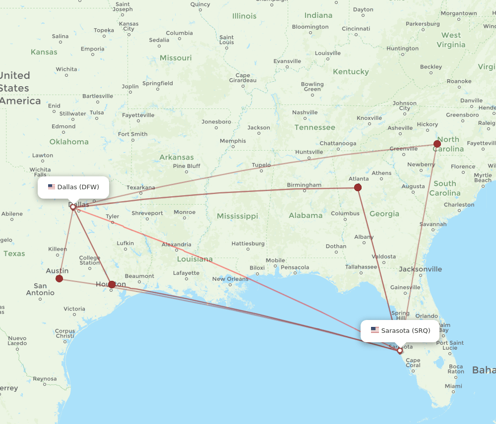 SRQ-DFW flight routes