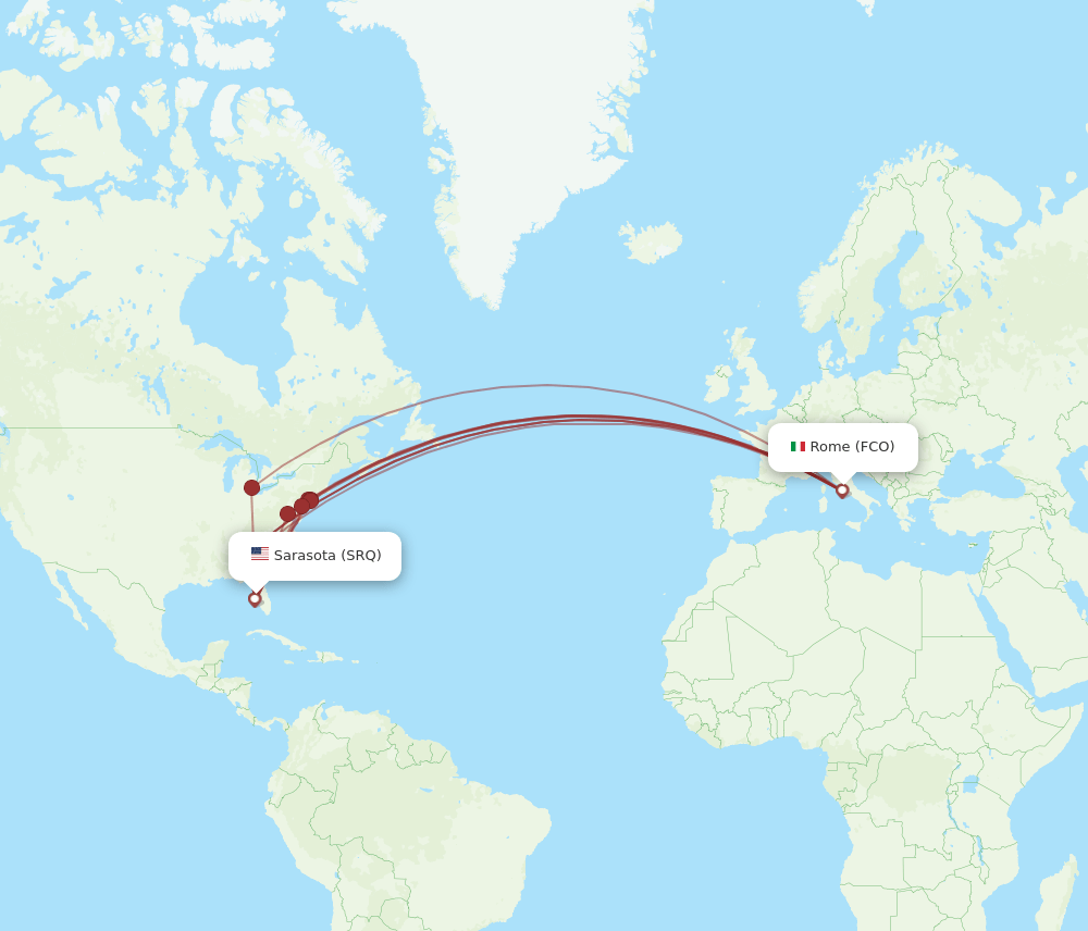SRQ to FCO flights and routes map