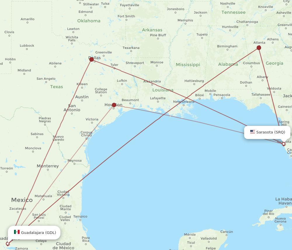 SRQ-GDL flight routes
