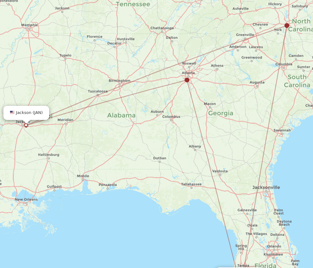 SRQ to JAN flights and routes map