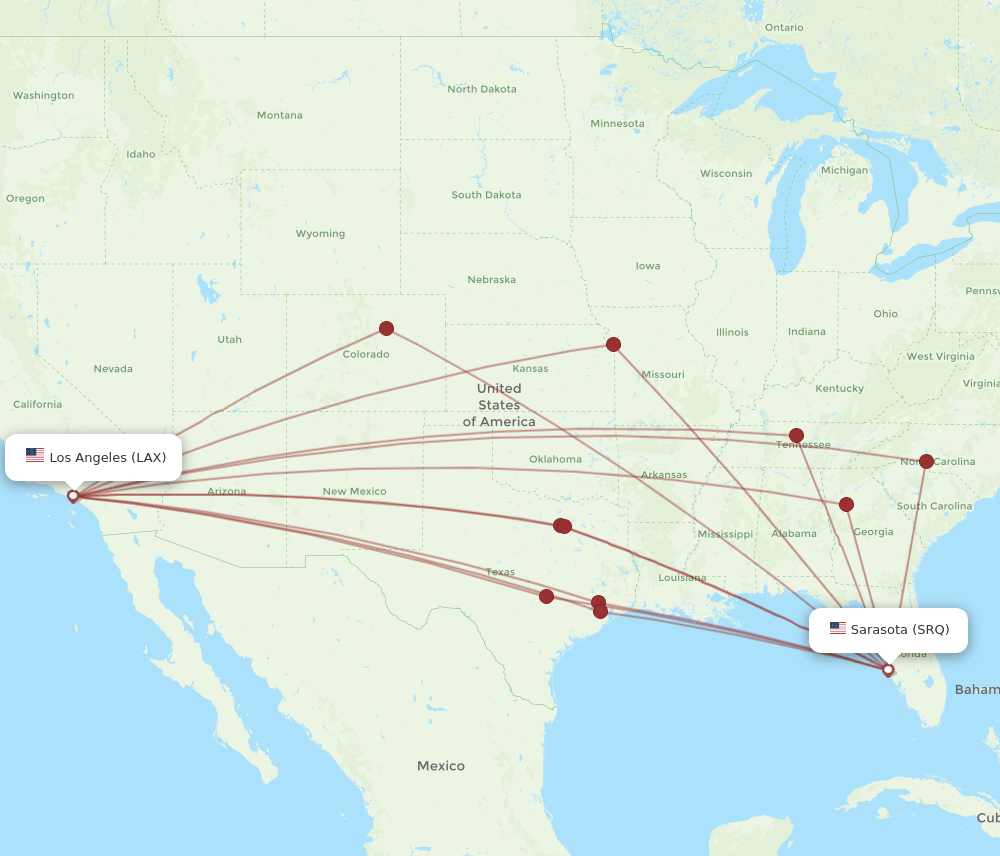 SRQ to LAX flights and routes map