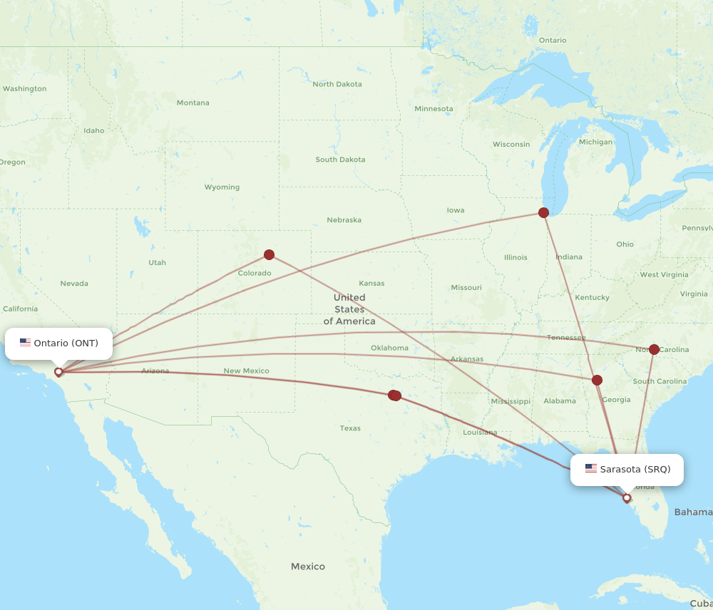 SRQ to ONT flights and routes map