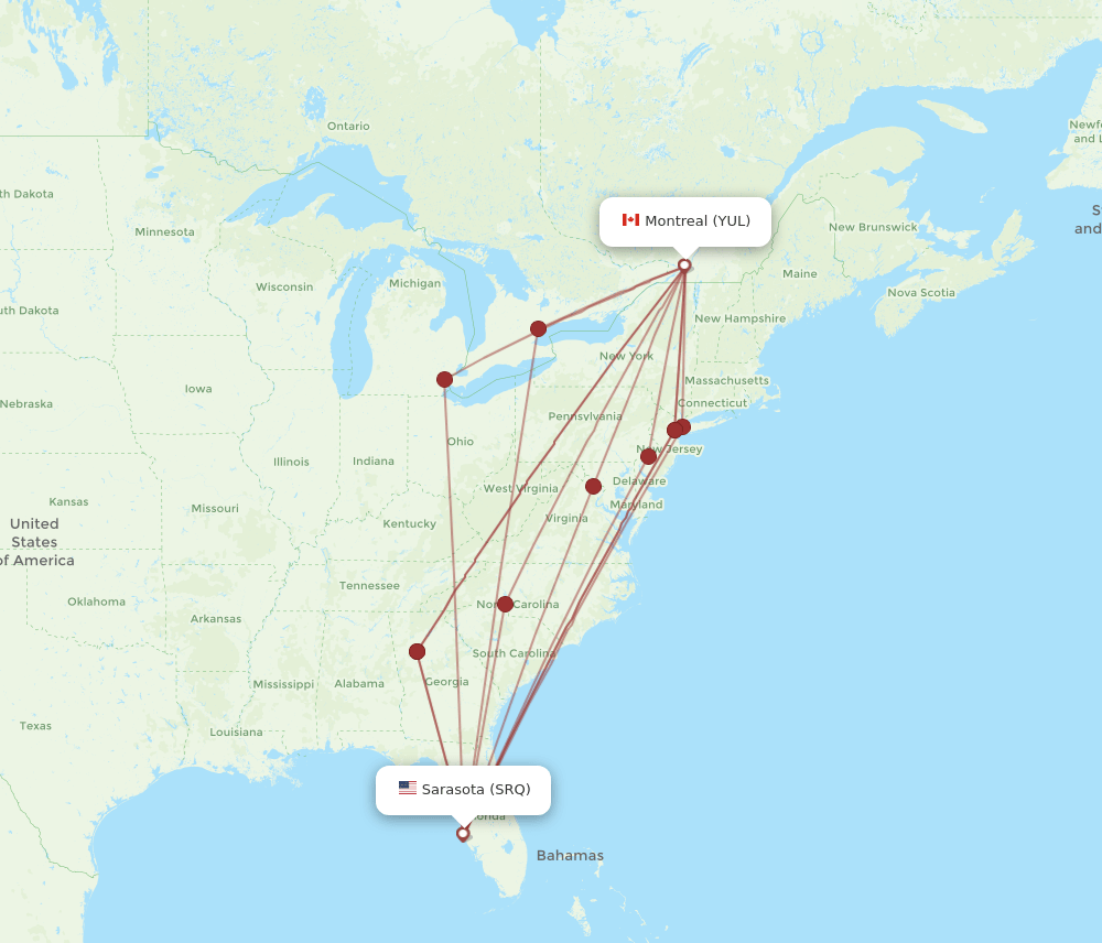 Montreal - Sarasota route map and flight paths