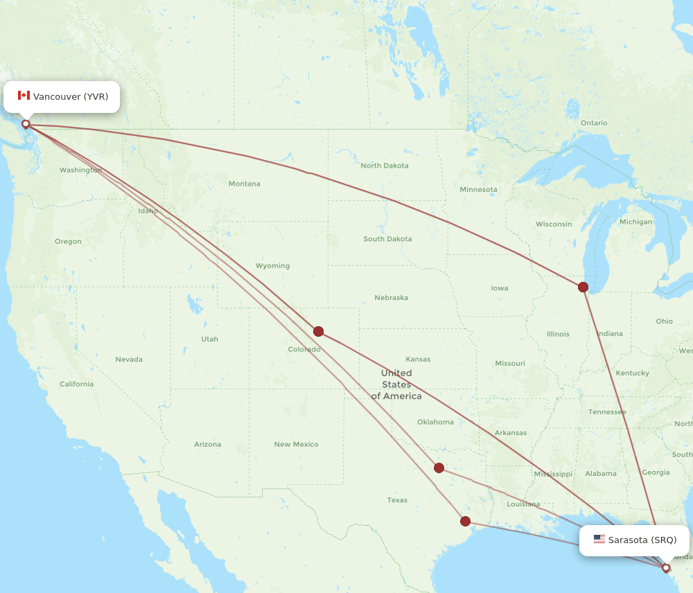 Vancouver - Sarasota route map and flight paths