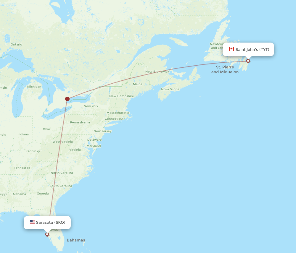 St. John's - Sarasota route map and flight paths