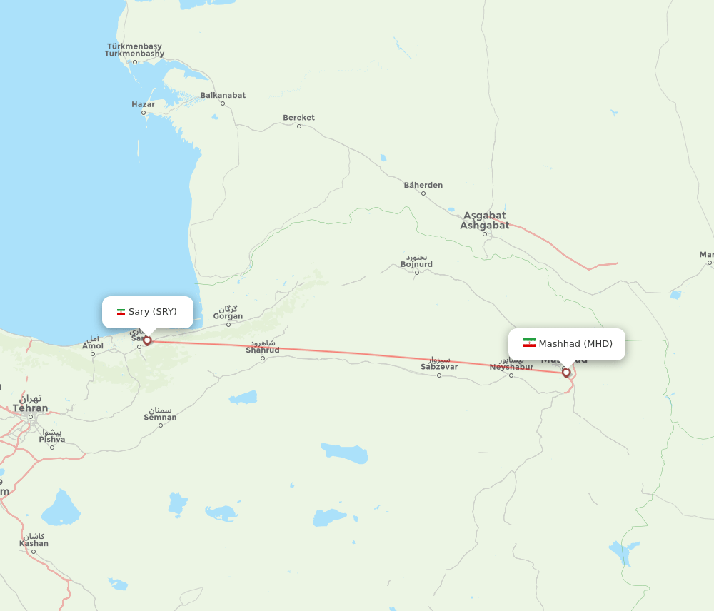 Sary - Mashad route map and flight paths