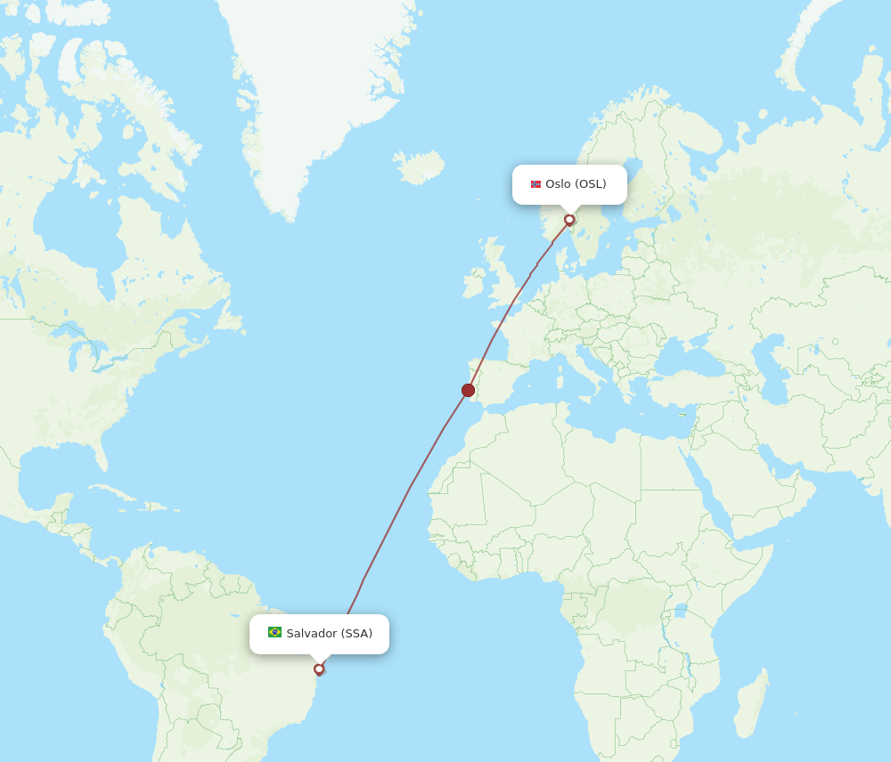 Oslo - Salvador route map and flight paths