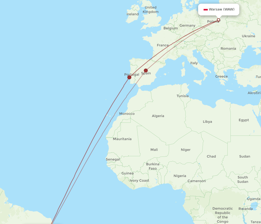 Warsaw - Salvador route map and flight paths