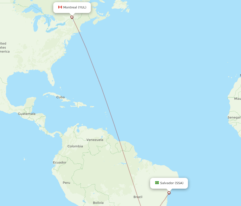 Montreal - Salvador route map and flight paths
