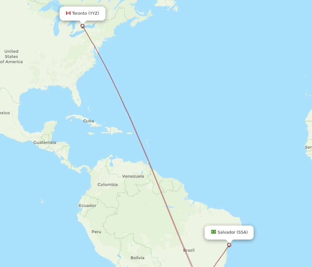 Toronto - Salvador route map and flight paths