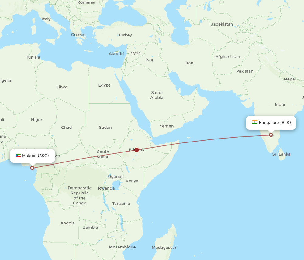 Bengaluru - Malabo route map and flight paths