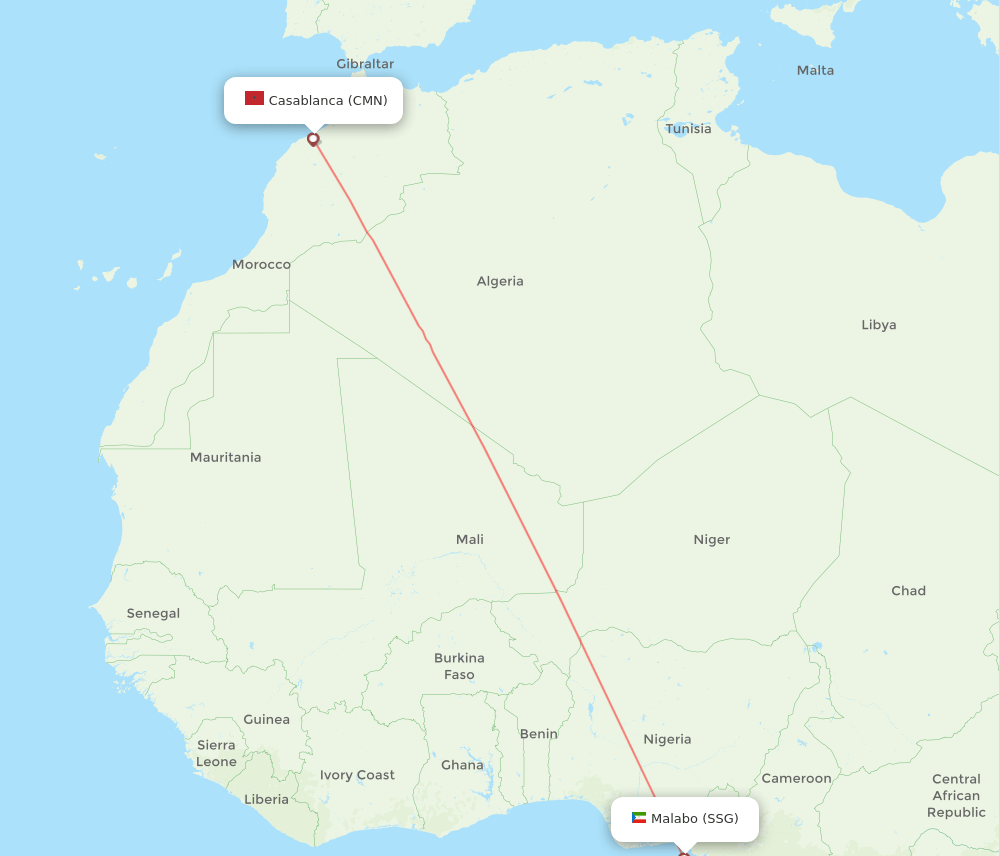 Malabo - Casablanca route map and flight paths