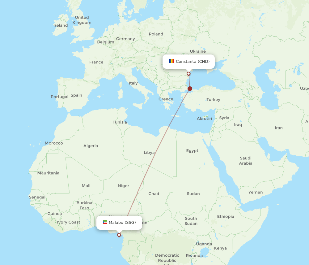 Malabo - Constanta route map and flight paths