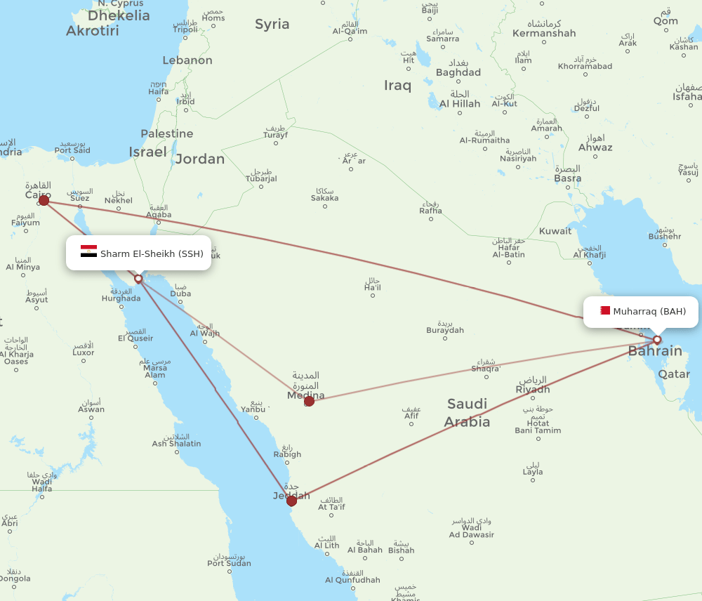 SSH to BAH flights and routes map