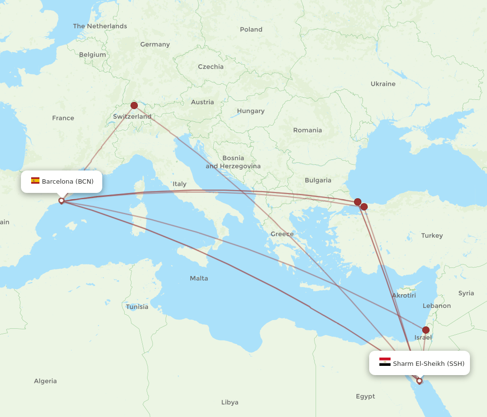 SSH to BCN flights and routes map